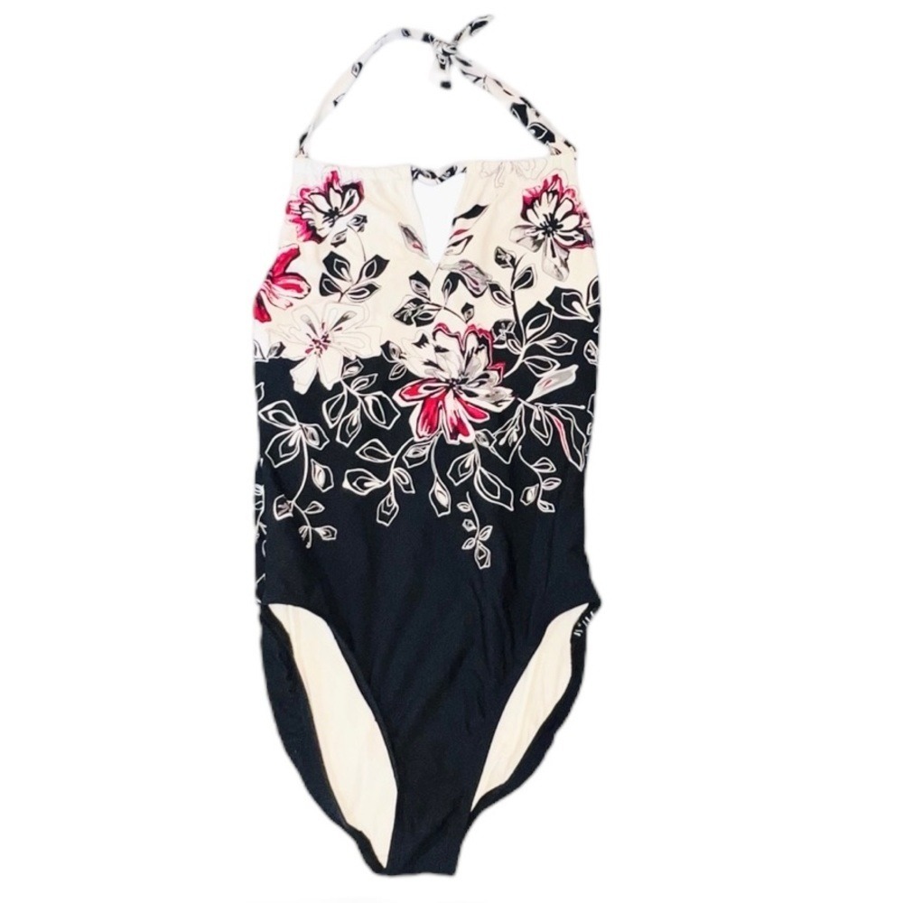 Jantzen‎ Blue White Red Tropical Floral Print One Piece Halter Swimsuit